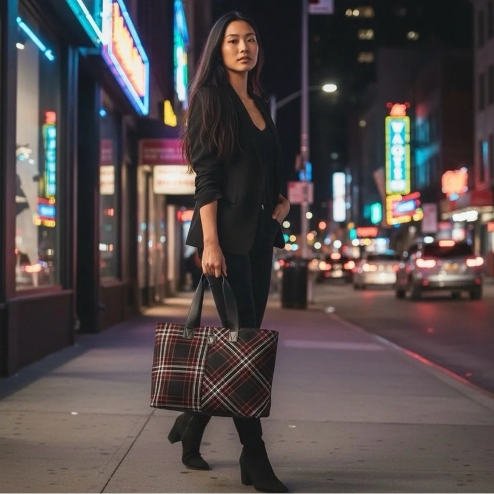 Victorias Secret Plaid Black and Red Tote Bag